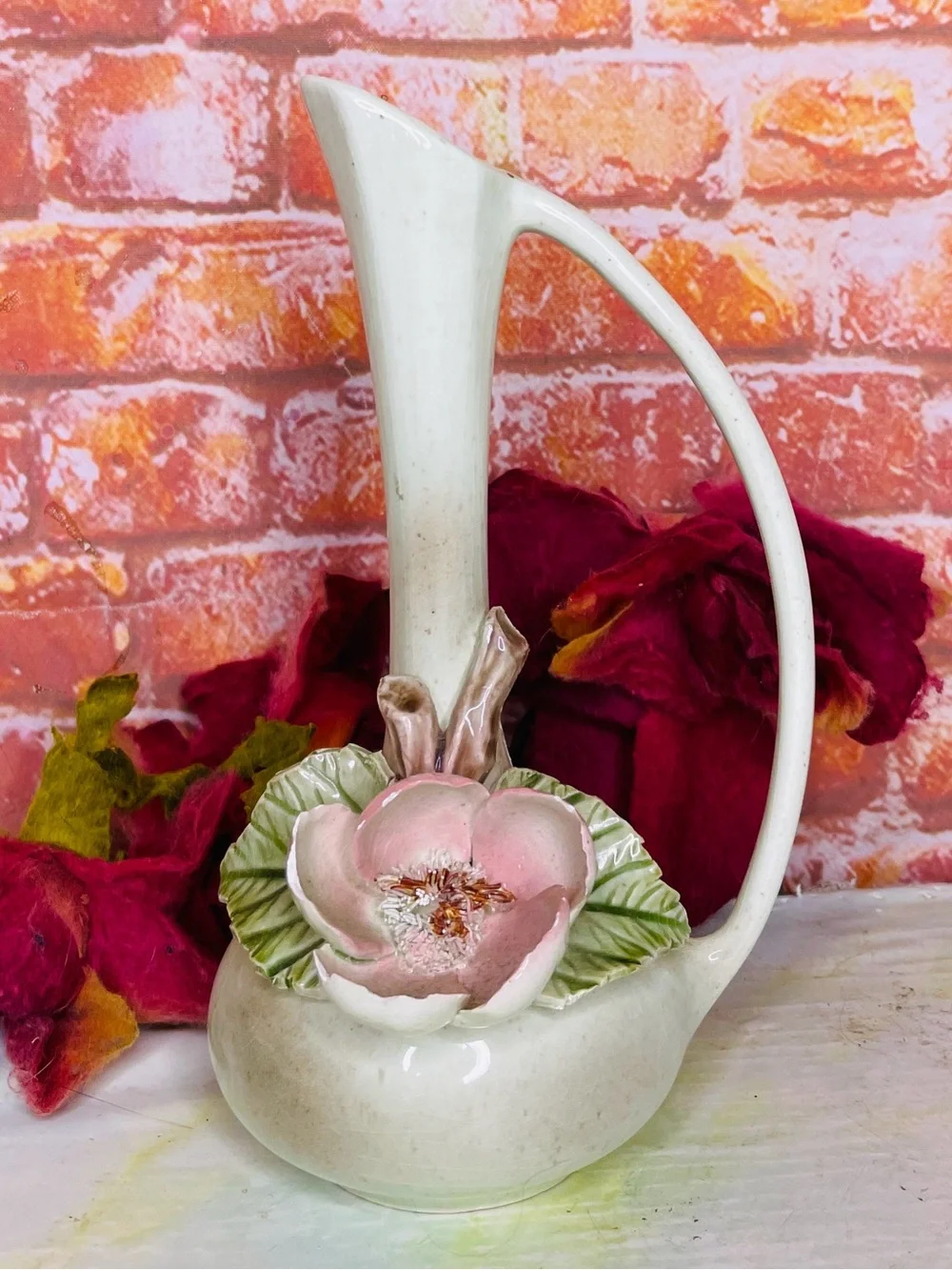 Vintage MCM Ceramic Pink snd White Magnolia Bud Vase